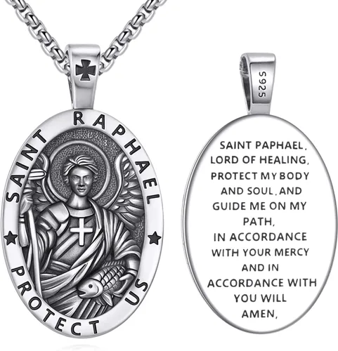 Vista 13 de Collar de Santo Patrón Plata de Ley 925 Colgante Medallón Amuleto Ovalado con Cadena de 22+2 Pulgadas Regalo de Joyería para Hombres y Mujeres