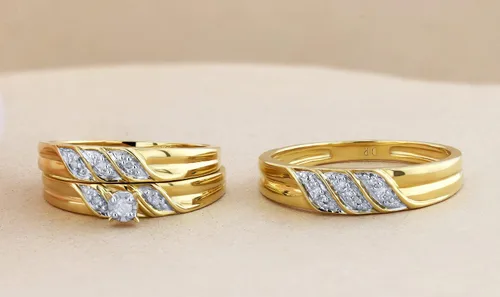 Vista 3 de Dazzlingrock Collection 0.10 ctw Round White Diamond Illusion Engagement Trio Ring Set for Him & Her in Yellow Plated Sterling Silver