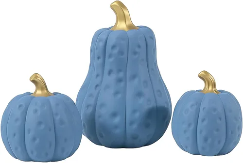 Vista 7 de Yookeer 3 piezas de decoración de calabaza de otoño de Acción de Gracias de resina azul dorado calabazas decorativas de otoño de Acción de Gracias