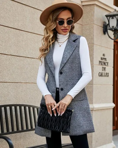 Vista 3 de Kedera Chaleco largo de un solo pecho para mujer, casual, sin mangas, con bolsillo, ropa de abrigo larga