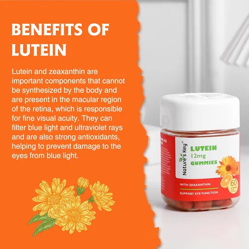 Vista 3 de Nature's Key Gomitas de luteína de 12 mg con zeaxantina y vitamina A para niños y adultos Suplemento de salud ocular y función cerebral Sabor a