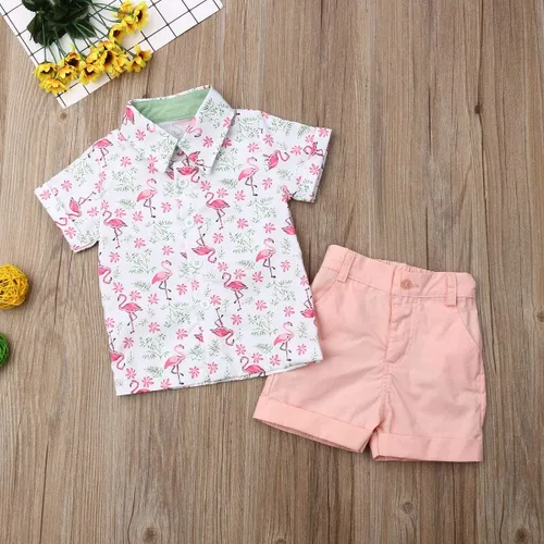 Vista 92 de Conjunto de camisa de manga corta con botones y pantalones cortos casuales con diseño de flamingo, para bebés y niños de 1 a 6 años, atuendos