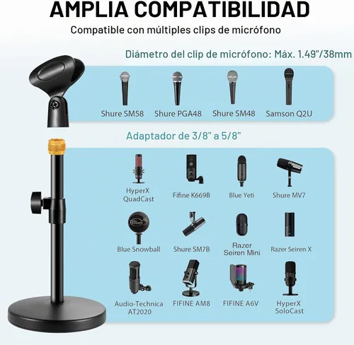 Vista 6 de Soporte de micrófono de escritorio 2 en 1, base redonda de metal mejorada, soporte de micrófono ajustable con clip de micrófono, clip para teléfono