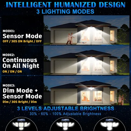 Vista 5 de Luces de Inundación Solares con Sensor de Movimiento para Exteriores – 496 LED 3500 lm, 3 modos de iluminación, 3 niveles de brillo, 6 cabezales