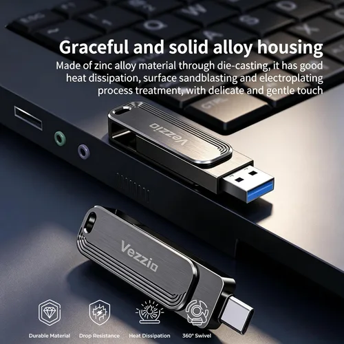 Vista 4 de Vezzio Unidades flash USB de 32 GB 2 en 1 OTG USB 3.2+ tipo C Dual USB, memoria de diseño giratorio para iPhone 15/16/17 Series, iPad, teléfono