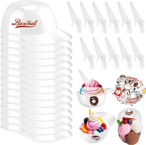Vista 16 de MEEZY Juego de 16 cuencos de helado con diseño de casco de béisbol con 8 mini tazas de postre y 8 cucharas, 8 onzas. Cuencos reutilizables