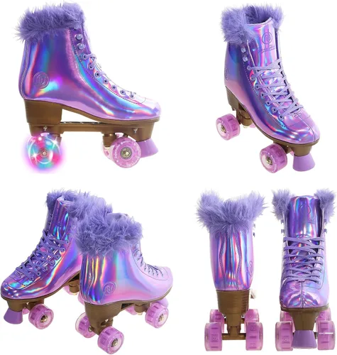 Vista 3 de JajaHoho - Patines de ruedas para mujer, holográficos de caña alta clásicos, patines brillantes de cuatro ruedas de doble fila en púrpura