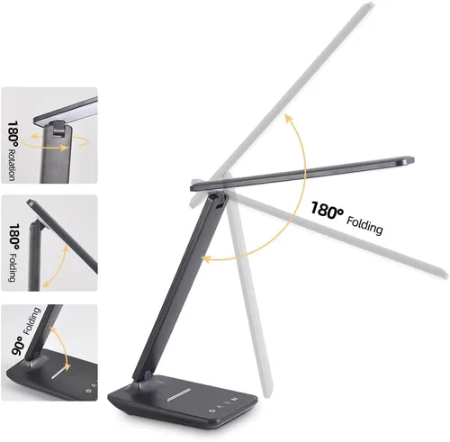 Vista 3 de Lámpara LED de escritorio para oficina en casa, puerto de carga USB, lámpara de mesa regulable, lámpara de mesa plegable, control táctil, 5 modos