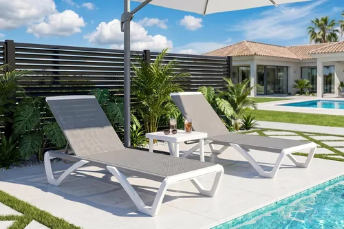 Vista 29 de PURPLE LEAF Juego de 3 tumbonas para patio con brazo y mesa, plástico Caqui