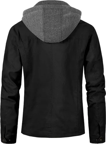 Vista 3 de Pursky Chaqueta de lona de algodón militar casual para hombre con capucha desmontable