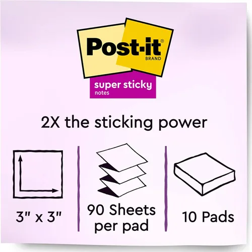 Vista 2 de Post-it Dispensador de notas emergentes súper adhesivas, 10 blocs de notas adhesivas, 3 x 3 pulgadas, 2 veces el poder de adherencia, suministros
