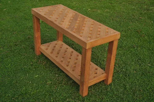 Vista 2 de Banco de madera de teca extragrande para ducha/cuarto de baño/piscina con estante (30.0 x 12.0 in)