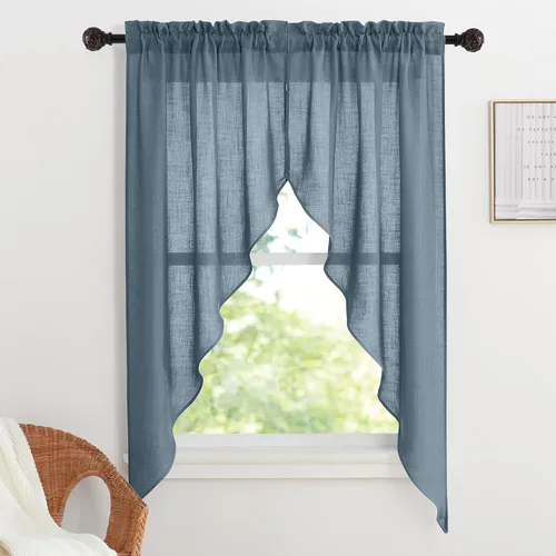 Vista 56 de RYB HOME - Cortinas de café de 24 pulgadas de largo, cortinas cortas de lino traslúcidas para ventana pequeña, cortina de media privacidad con Angora