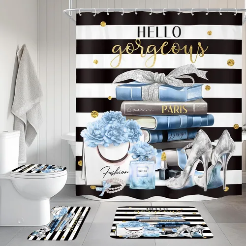 Vista 20 de Juego de cortina de ducha de baño de 4 piezas de perfume de libros de moda A1-rosa Negro Blanco