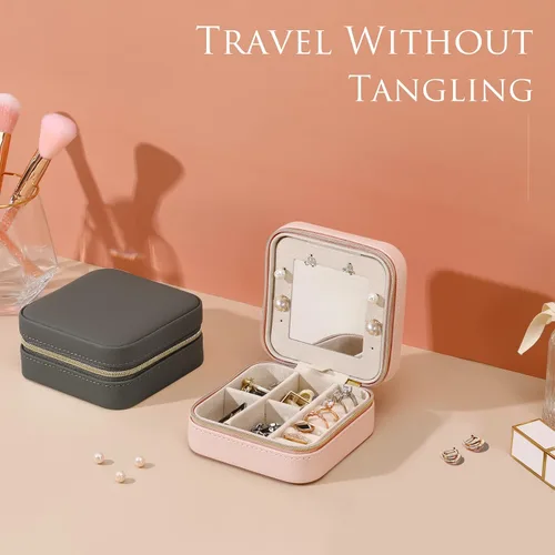 Vista 2 de Emibele Joyero de viaje, estuche pequeño de piel sintética, organizador de joyas de viaje de 3 capas para mujeres y niñas, estuche de viaje