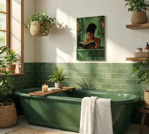 Vista 4 de Lienzo de mujer afroamericana, arte de pared de niña negra leyendo en el baño, imagen de arte de pared verde simplicidad mujer negra, póster