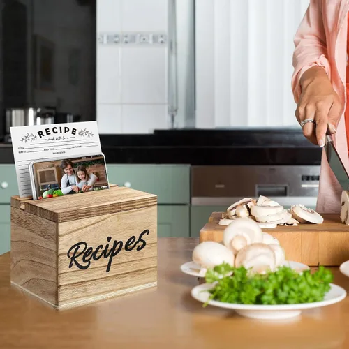 Vista 5 de Hoteam Caja de Recetas de Madera con Tarjetas, Soporte para Tarjetas de Recetas de Madera Rústica con 50 Piezas, Juego de Tarjetas de 5 x 7, Caja