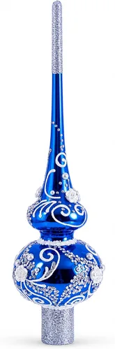 Vista 3 de Decoración para árbol de Navidad de cristal azul con remolinos plateados