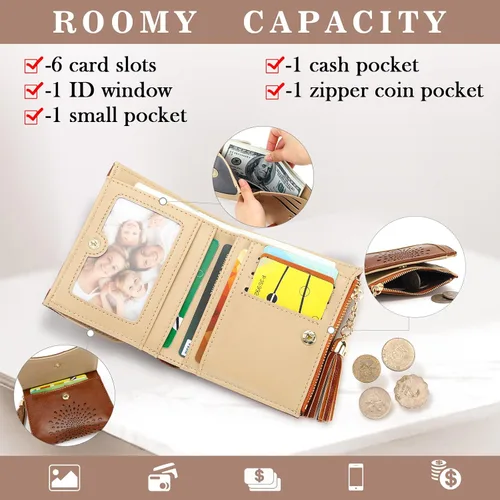 Vista 2 de APHISON Cartera pequeña para mujer, cartera RFID de girasol para mujer, de piel, bonita, compacta, plegable, con cremallera, borla, monedero