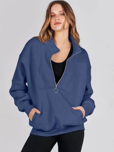 Vista 3 de ANRABESS Sudaderas de forro polar con media cremallera para mujer, de gran tamaño, con cremallera de un cuarto, ropa de otoño 2024, ropa de moda