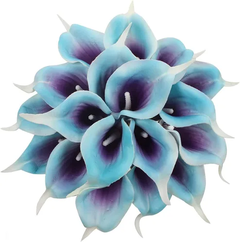 Vista 5 de Faylapa 20 piezas de lirio de cala artificial real al tacto, azul morado Flores falsas, ramos de boda, decoración floral para el hogar