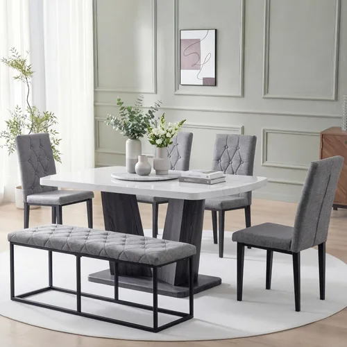 Vista 15 de Juego de mesa de comedor para 6, juego de mesa de comedor de mármol para 6, juego de 6 sillas de mesa de cocina con base de madera, juego de mesa