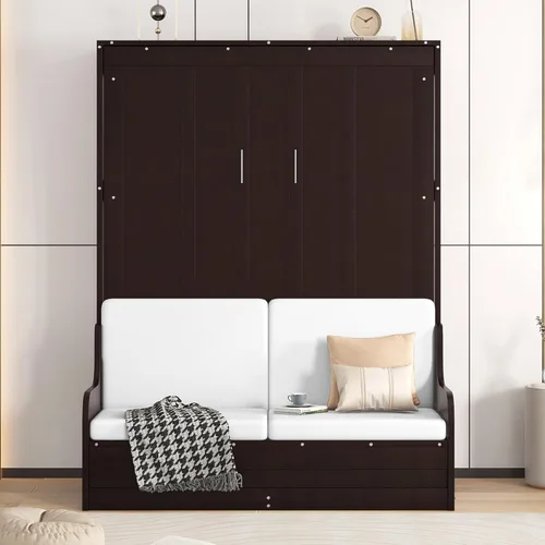 Vista 10 de MERITLINE Cama Murphy horizontal completa con sofá y estantes de almacenamiento, luz LED, madera maciza que ahorra espacio, cama de pared Murphy