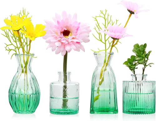 Vista 13 de Juego de jarrones de cristal Mapoxy para brotes de flores, juego de 4, jarrones azules pequeños para centro de mesa de boda, decoraciones de mesa