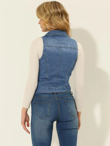 Vista 4 de Allegra K Chaqueta de moto sin mangas con cremallera para mujer, chaleco de mezclilla clásico