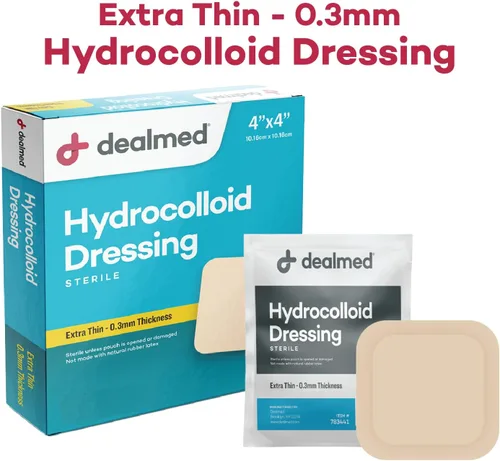 Vista 3 de Dealmed Apósitos hidrocoloides extrafinos de 4 x 4 pulgadas, productos para el cuidado de heridas para botiquines de primeros auxilios, empaquetados