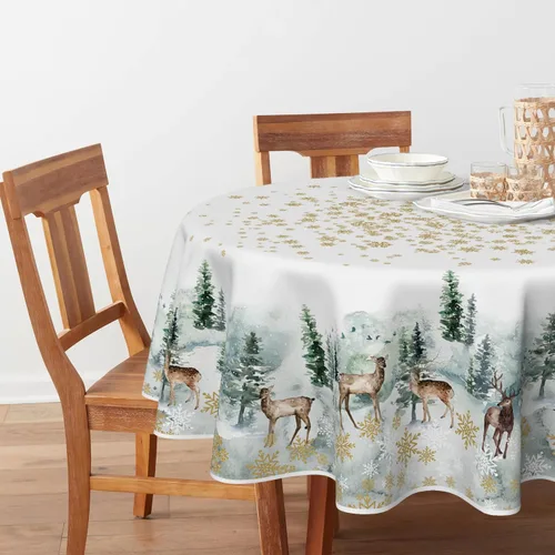 Vista 2 de Horaldaily Mantel de Navidad redondo de 60 x 60 pulgadas, ciervos nevados dorados, cubierta de mesa lavable para decoración de fiestas, pícnic, cenas