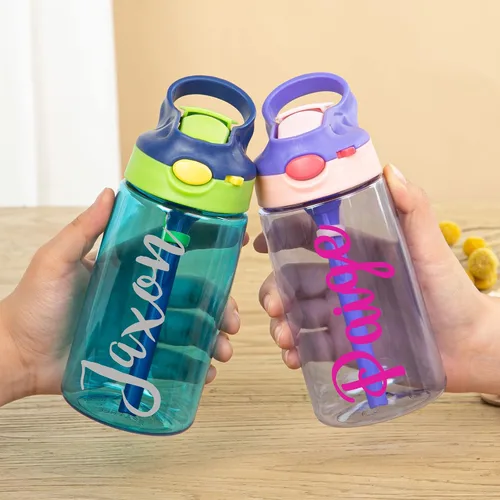 Vista 5 de Mostop Botellas de agua personalizadas para niños, botella de agua deportiva con nombre personalizado de 16 onzas con popote para niños, niñas