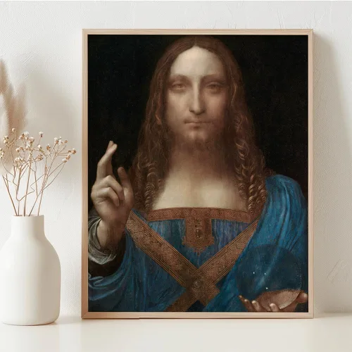 Vista 3 de Salvator Mundi - Póster enmarcado de 11 x 14 pulgadas, retrato cristiano de Leonardo da Vinci, pintura al óleo, Jesucristo Salvador del mundo. Obra
