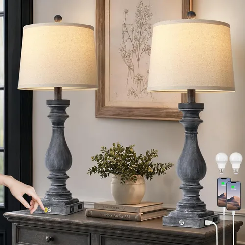 Vista 8 de Cinkeda Juego de 2 lámparas de mesa de 29 pulgadas de alto para sala de estar, lámparas vintage para mesita de noche con puertos USB C+A y salida