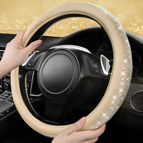 Vista 3 de CAR PASS Funda para volante de cuero beige con diamantes brillantes, cristales blancos brillantes con purpurina y pedrería, ajuste universal de 14