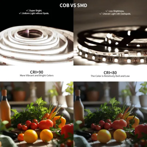 Vista 4 de COB - Tira de luz LED de 40 pies/39.4 ft (1 rollo), blanco frío, 6500 K, alto lumen, CRI 90+ con adaptador de corriente con certificación UL