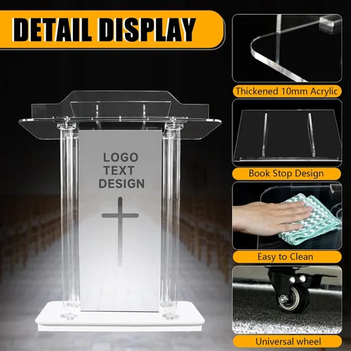 Vista 4 de Púlpito de iglesia personalizado con 15 colores ajustables y 4 modelos intermitentes, podio acrílico transparente de 46 pulgadas con ruedas