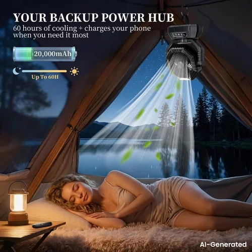 Vista 4 de AJVV Ventilador de camping con luz, control remoto y oscilación, ventilador colgante de tienda de campaña a batería, recargable portátil
