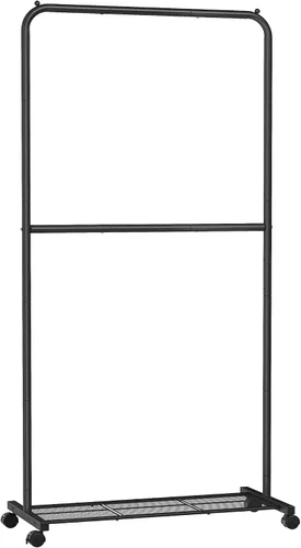 Vista 9 de SONGMICS Perchero de doble barra con ruedas, perchero para colgar ropa, perchero resistente con estante de almacenamiento de malla, 2 frenos, cada