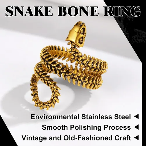 Vista 3 de Anillos de motociclista de acero inoxidable, chapado en oro, vértebras de serpiente negra con lazo para hombres y mujeres, joyería gótica punk