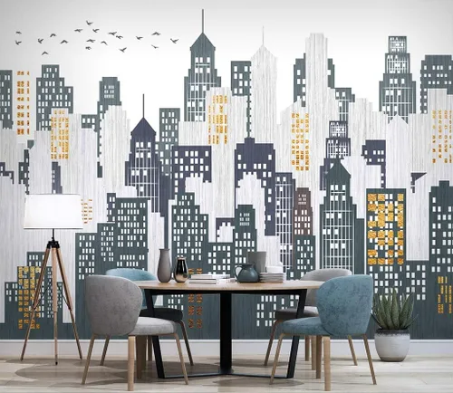 Vista 4 de Murwall City Wallpaper Watercolor Cityscape Wall Mural City Silhouette Wall Mural Modern Home Decor