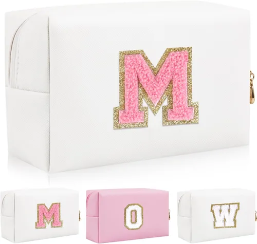 Vista 10 de Bolsa de maquillaje con parche de letra inicial personalizada, bolsa de cosméticos de chenilla preppy con letra de chenilla con cremallera, Y