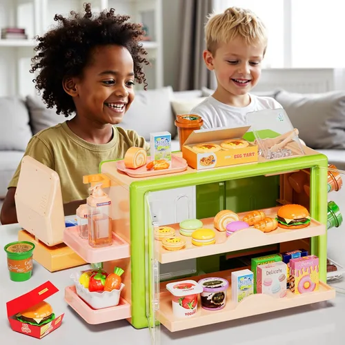 Vista 4 de Pupu Pig Play Food Store Juguetes para niños, tienda de comestibles de juego de simulación con caja registradora para niños con pedido de voz
