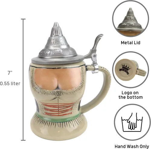 Vista 2 de Jarra de cerveza alemana con tapa de 0.55 L – Par de jarras de cerveza alemana Dirndl Oktoberfest – Taza de cerveza alemana pintada a mano Jarra