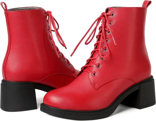 Vista 89 de ROSERWISH Botas altas de tacón bajo y grueso para mujer, con cordones, cómodas, modernas, con puntera redonda, de 2.5 pulgadas