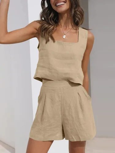 Vista 2 de AUTOMET Conjunto de 2 piezas para mujer, conjunto de dos piezas de lino, pantalones cortos de lino, ropa de moda, conjunto de vacaciones de verano