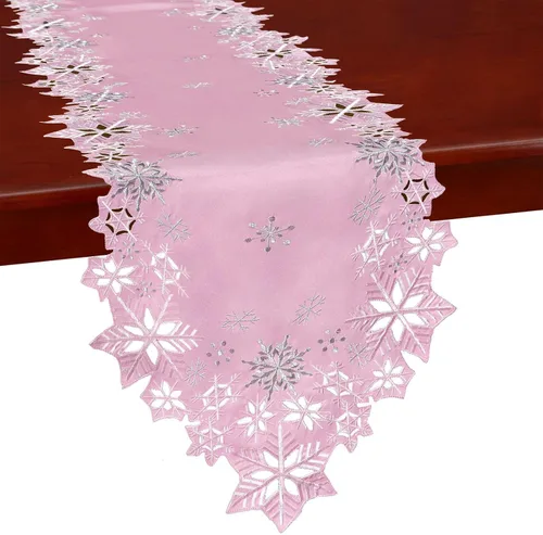 Vista 2 de Caminos de mesa bordados de copos de nieve rosados para Navidad e invierno (rosa, 14 x 34 pulgadas)