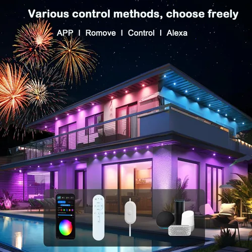 Vista 5 de iYogaled Luces exteriores permanentes para casa, 50 pies de luces de borde exterior inteligentes RGB con 63 modos de escena, luces LED impermeables
