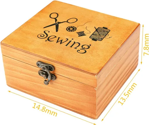 Vista 2 de Kit de costura, caja de madera para adultos, cesta de costura de madera con accesorios, kit de reparación de costura para principiantes, mujeres