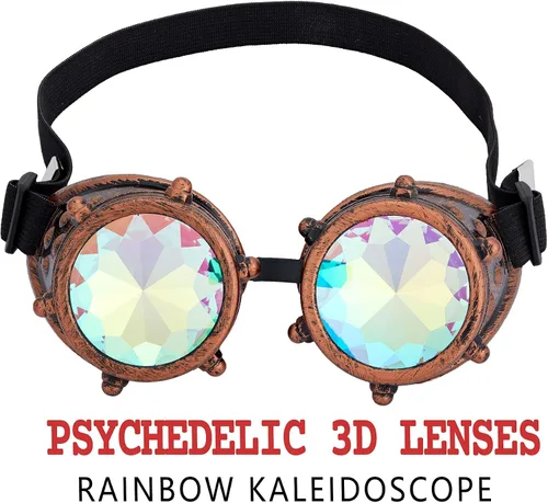 Vista 7 de Gafas de caleidoscopio para Raves Trippy psicodélico Steampunk con lentes de cristal de difracción de prisma arcoíris